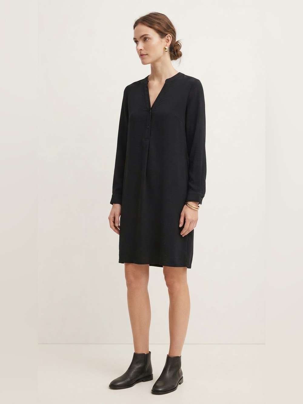 Frank And Oak Black Long Sleeve V-Neck Button Front Shift Dress Size S
